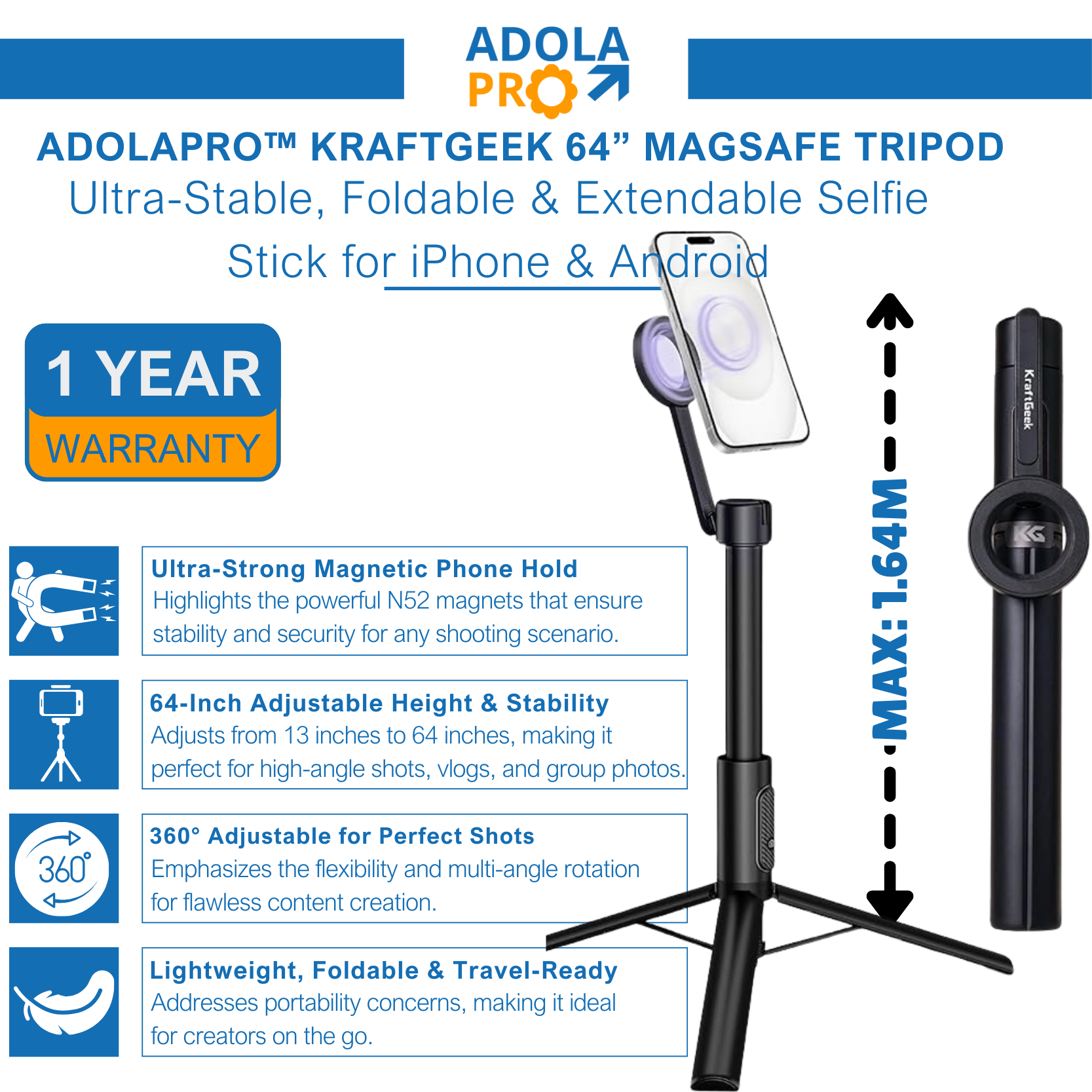 Adolapro™ KraftGeek 64” MagSafe Tripod-Works with all smartphones