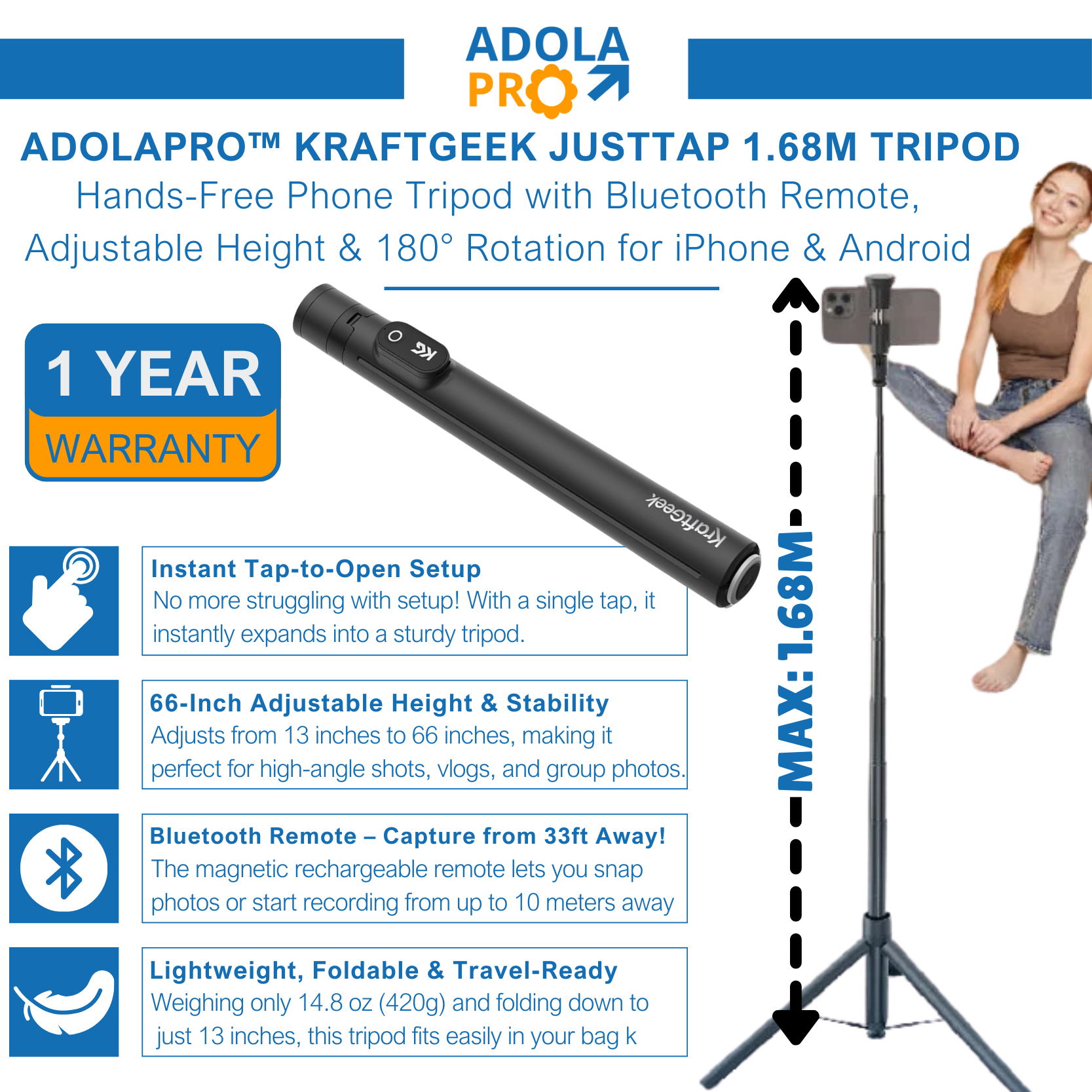 Adolapro™ JustTap 1.68M Auto-Open Tripod