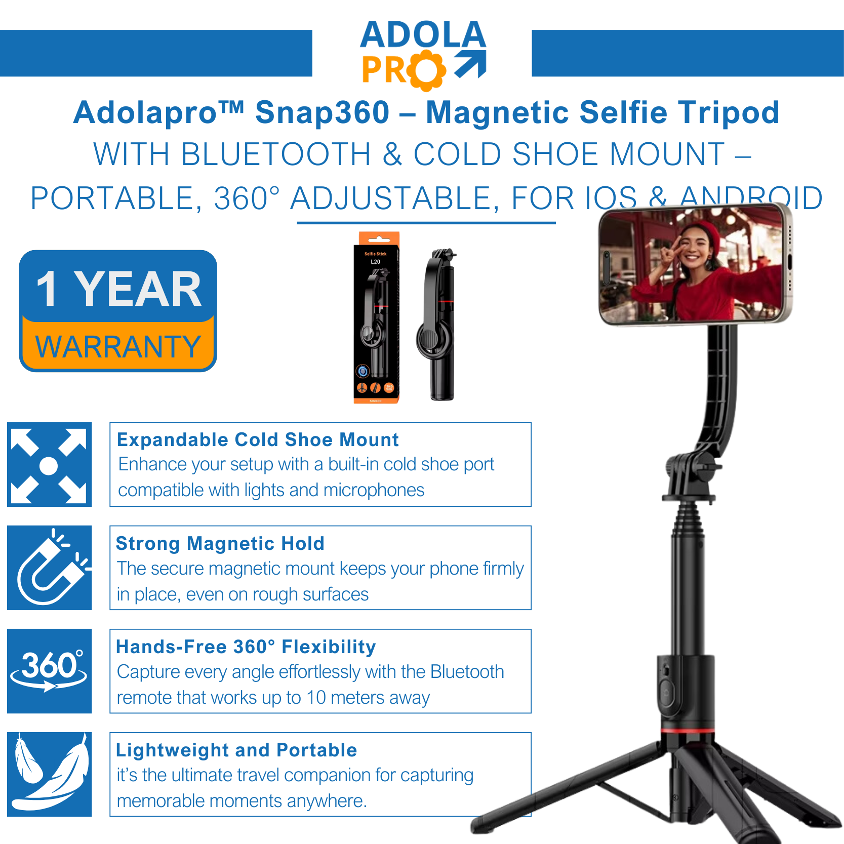 Adolapro™ Snap360 – Magnetic Selfie Tripod