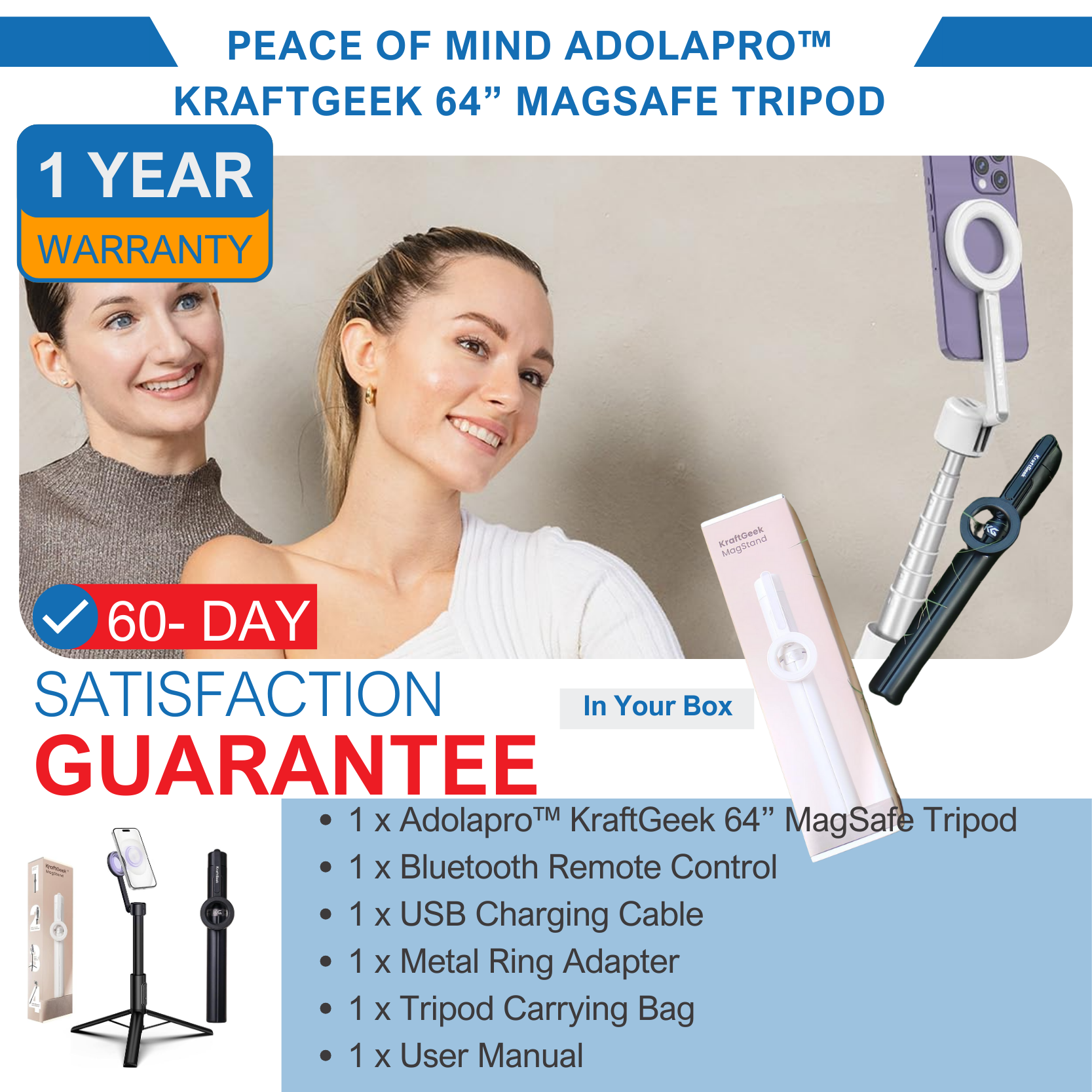 Adolapro™ KraftGeek 64” MagSafe Tripod-Works with all smartphones