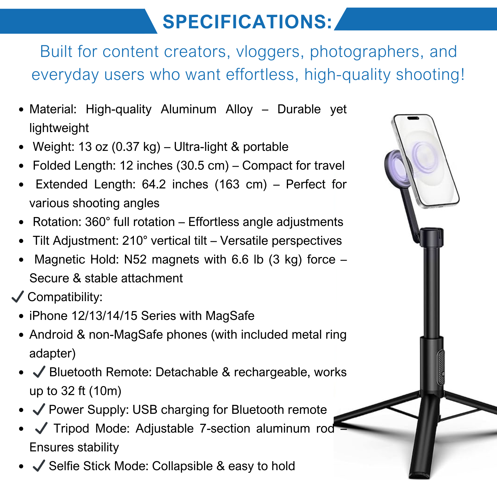 Adolapro™ KraftGeek 64” MagSafe Tripod-Works with all smartphones