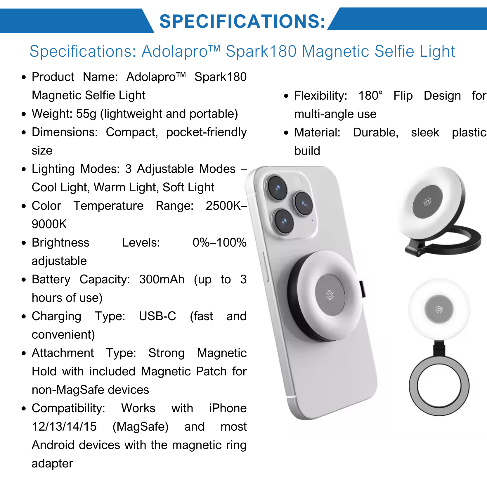 Adolapro™ Spark180 Magnetic Selfie Light